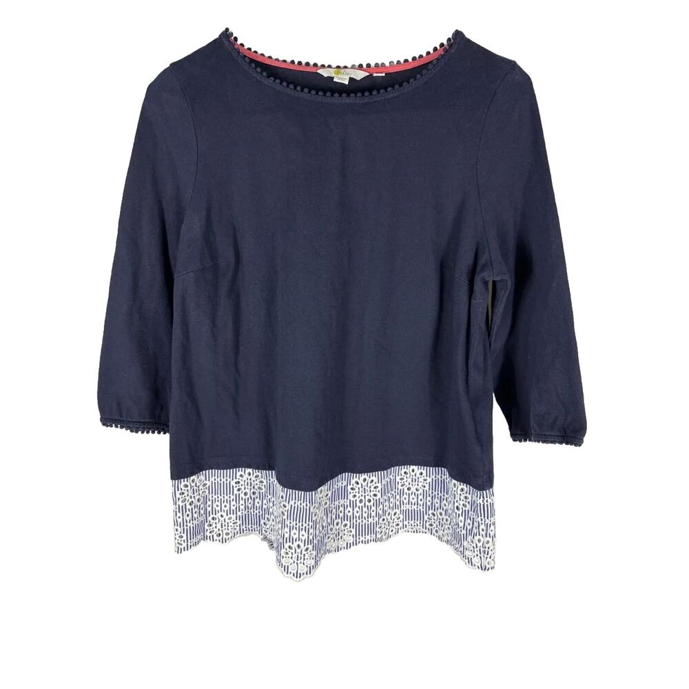 Boden Womens Top Navy Blue Jersey Broderie Overlay Pullover 3/4 Sleeve Size 10